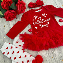 Load image into Gallery viewer, Baby Girls 1st Valentine&#39;s Day Tutu Romper with Headband, Leg Warmers, Socks or Tights
