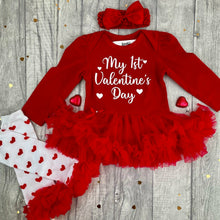 Load image into Gallery viewer, Baby Girls 1st Valentine&#39;s Day Tutu Romper with Headband, Leg Warmers, Socks or Tights
