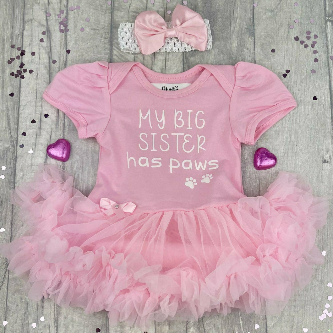 'My Best Friend Has Paws' Baby Girl Tutu Romper With Matching Bow Headband Pet Gift, White Glitter Design