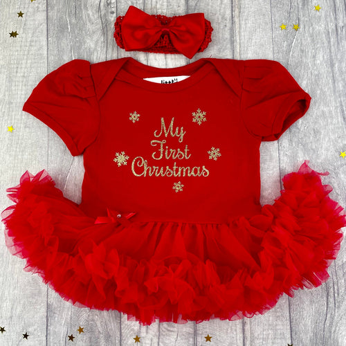 My First Christmas Baby Girl Tutu Romper With Matching Bow Headband, Gold Glitter Text