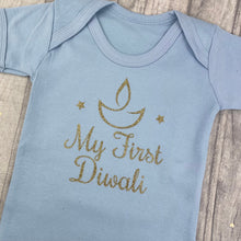 Load image into Gallery viewer, Baby’s My First Diwali Short Sleeve Romper, Gold glitter design, Hindu Celebration Romper
