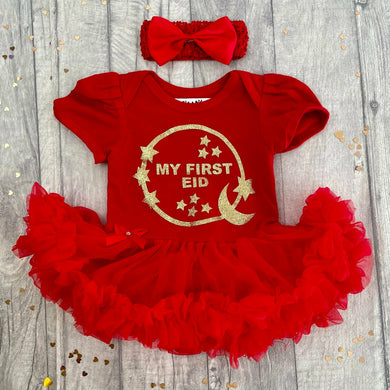 My First Eid Baby Girl Red Tutu Romper