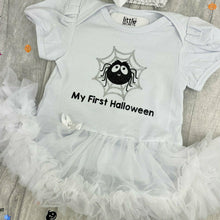 Load image into Gallery viewer, Baby Girl&#39;s First Halloween Tutu Romper with Cheeky Spider and Silver Web Design and Matching Bow Headband
