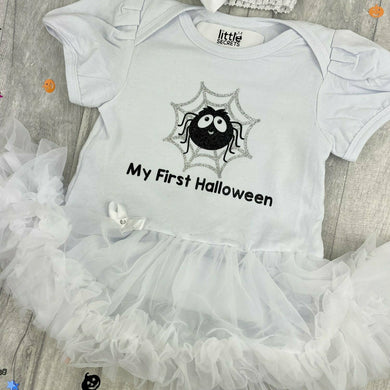 Baby Girl's First Halloween Tutu Romper with Cheeky Spider and Silver Web Design and Matching Bow Headband