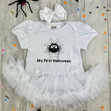 Load image into Gallery viewer, Baby Girl&#39;s First Halloween Tutu Romper with Cheeky Spider and Silver Web Design and Matching Bow Headband
