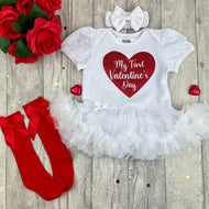 Baby Girls First Valentine's Day Tutu Romper With Headband, Socks or Tights 