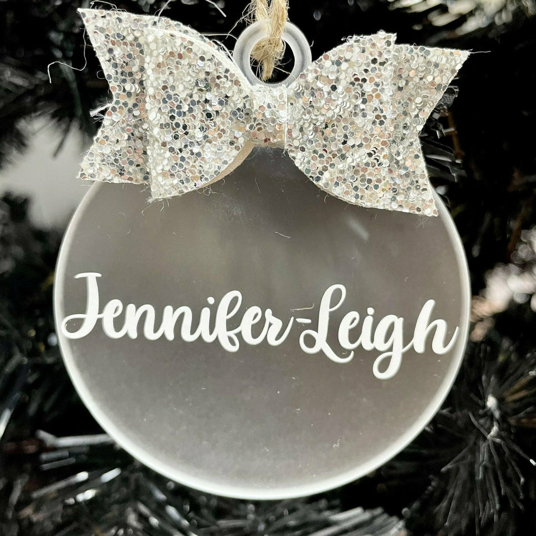 Personalised Christmas Bauble with Glitter Bow, Flat Christmas Decoration