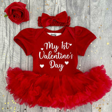Load image into Gallery viewer, Baby Girls 1st Valentine&#39;s Day Dress, Newborn Red Tutu Romper with Bow Headband, White Love Hearts
