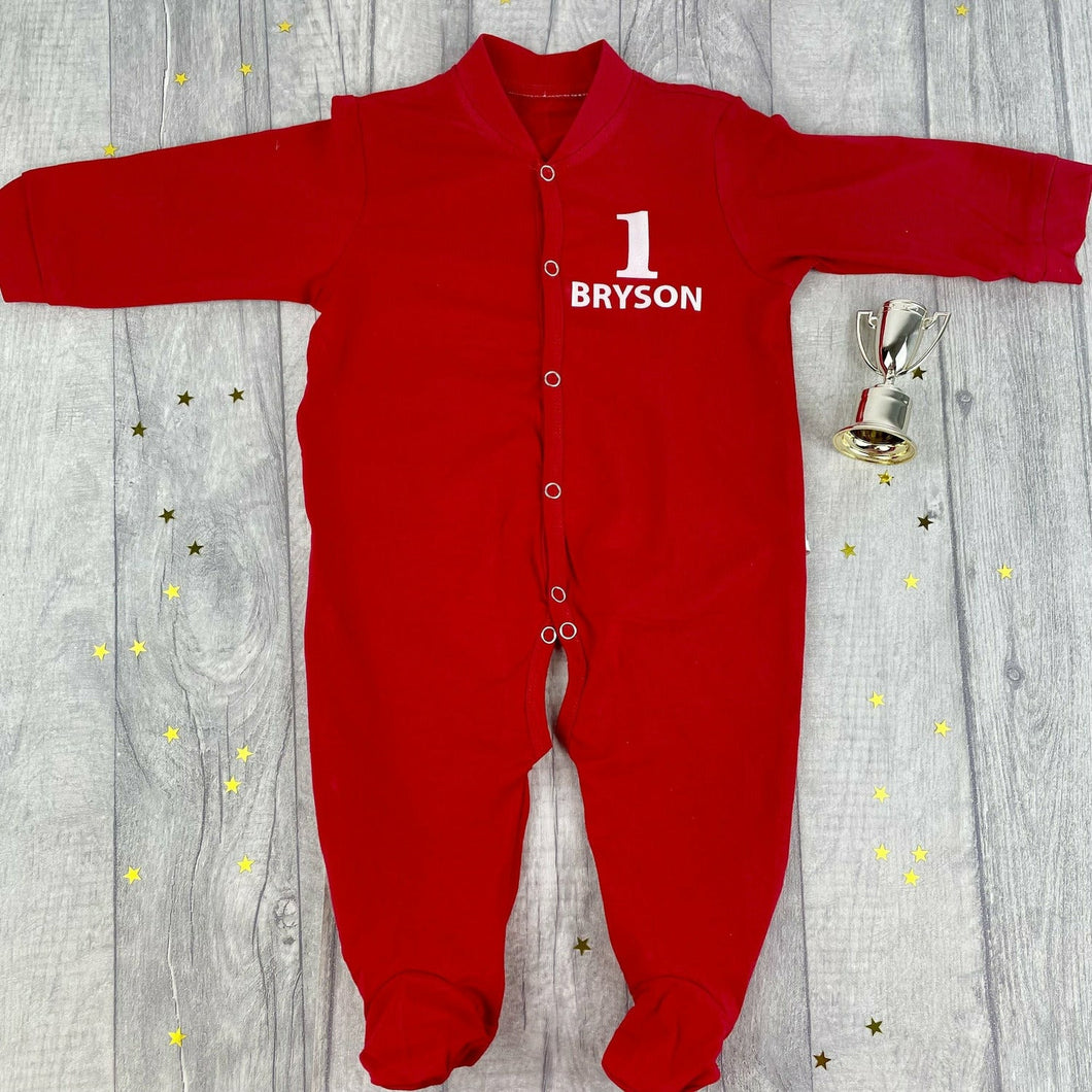 1st Birthday Personalised Red Sleepsuit, Baby Boy's & Girl's outfit with white design.