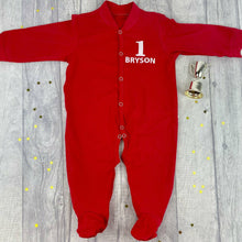 Load image into Gallery viewer, 1st Birthday Personalised Red Sleepsuit, Baby Boy&#39;s &amp; Girl&#39;s outfit with white glitter design.
