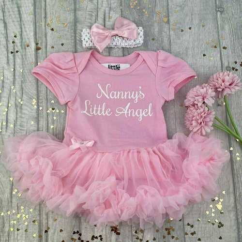 Nanny's Little Angel Personalised, Baby Girl Tutu Romper With Matching Bow Headband, Grandma / Nana
