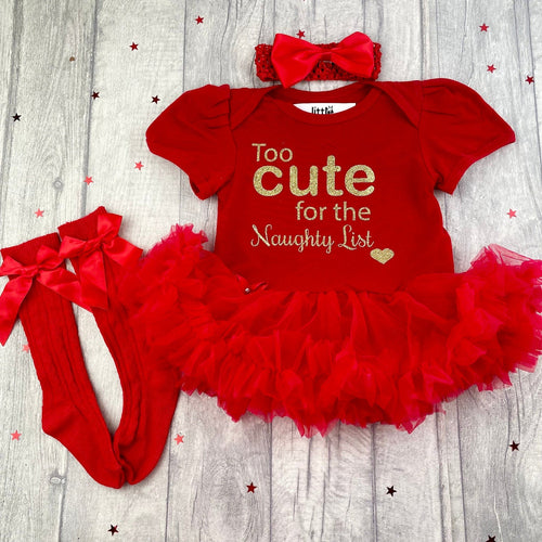 Baby Girls Christmas Outfit, Too Cute For The Naughty List Tutu Romper With Headband - Little Secrets Clothing