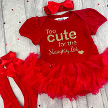 Load image into Gallery viewer, Baby Girls Christmas Outfit, Too Cute For The Naughty List Tutu Romper With Headband - Little Secrets Clothing

