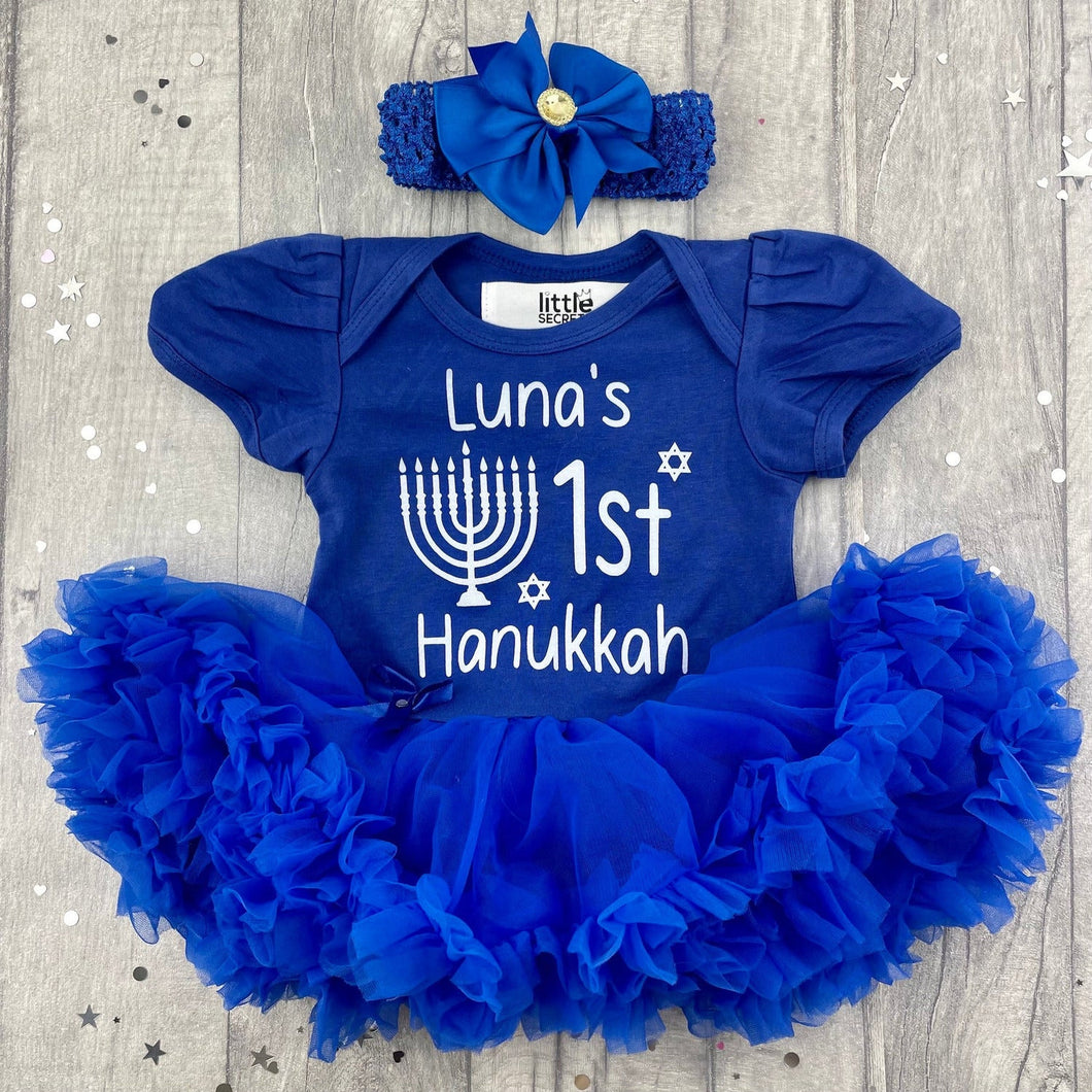 Personalised 1st Hanukkah Baby Girl Tutu Romper with Bow Headband, Menorah Candle - Little Secrets Clothing