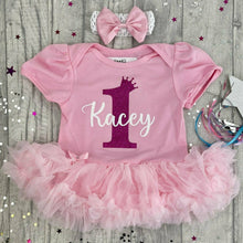 Load image into Gallery viewer, Personalised Baby Girls 1st Birthday Pink Tutu Romper Outfit with Matching Bow HeadbandPersonalised 1st Birthday Pink Tutu Romper
