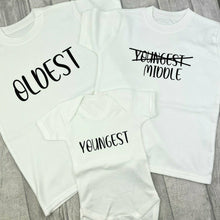 Load image into Gallery viewer, Baby Announcement Sibling T-Shirt &amp; Romper 3 Set Oldest middle and youngest. Black glitter design
