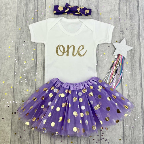Baby Girls 1st Birthday Tutu Set, White Romper, Purple spotty Tutu Skirt and matching Headband. Gold glitter design First Birthday Cake Smash Dress