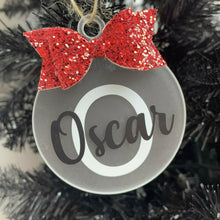 Load image into Gallery viewer, Personalised Christmas Bauble with Glitter Bow, Name &amp; First Initial Flat Christmas Decoration
