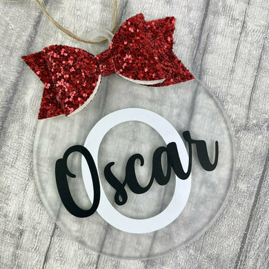 Personalised Christmas Bauble with Glitter Bow, Name & First Initial Flat Christmas Decoration