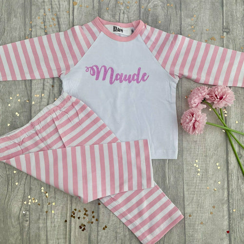 Personalised Curly Font Name pink and white girls pyjamas