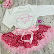 Load image into Gallery viewer, Baby Girls Personalised Our First Valentine&#39;s Day Together White Long Sleeve Romper with Pink Sequin Tutu Skirt Set
