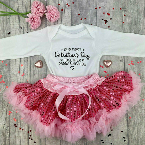 Baby Girls Personalised Our First Valentines Day Together White Long Sleeve Romper with Pink Sequin Tutu Skirt Set