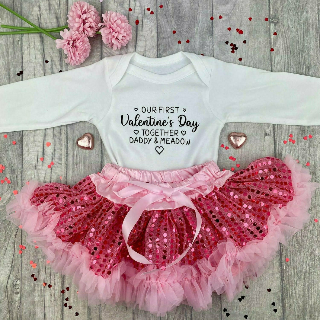Baby Girls Personalised Our First Valentine's Day Together White Long Sleeve Romper with Pink Sequin Tutu Skirt Set