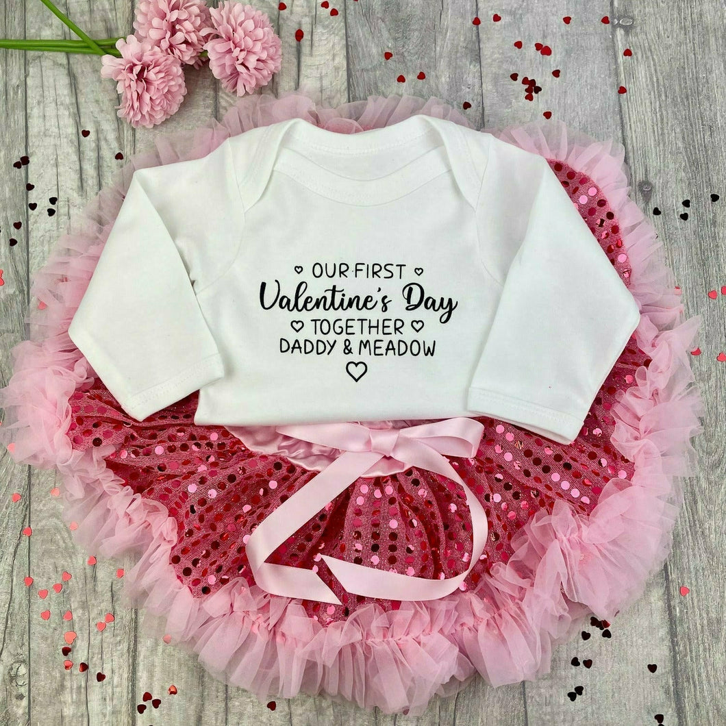 Baby Girls Personalised Our First Valentines Day Together White Long Sleeve Romper with Pink Sequin Tutu Skirt Set