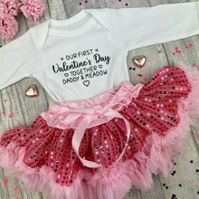 Load image into Gallery viewer, Baby Girls Personalised Our First Valentines Day Together White Long Sleeve Romper with Pink Sequin Tutu Skirt Set
