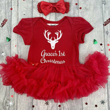 Load image into Gallery viewer, Personalised &#39;1st Christmas&#39; Reindeer Baby Girl Tutu Romper With Matching Bow Headband, White Glitter Design
