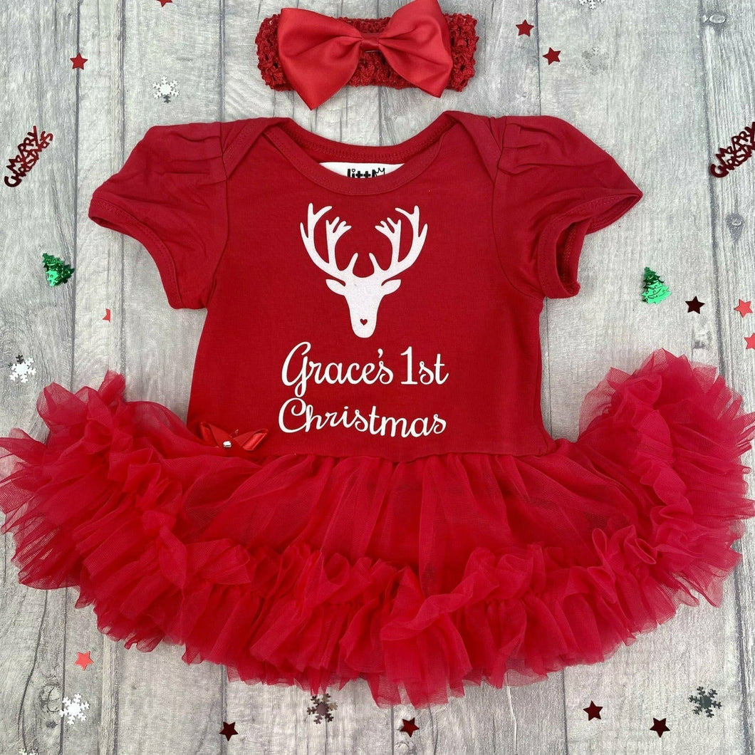 Personalised '1st Christmas' Reindeer Baby Girl Tutu Romper With Matching Bow Headband, White Glitter Design