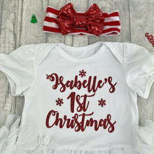 Load image into Gallery viewer, Personalised Baby Girl&#39;s 1st Christmas&#39; White Tutu Romper Set With Matching Sequin Bow Striped Headband And Luxury Red Knee High Socks
