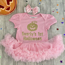 Load image into Gallery viewer, Personalised 1st Halloween Pumpkin Baby Girl Tutu Romper With Headband
