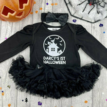 Load image into Gallery viewer, Baby Girls 1st Halloween Outfit, Personalised Haunted House Long Sleeve Black Tutu Romper
