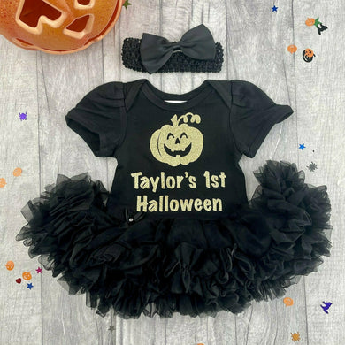 Personalised 1st Halloween Pumpkin Baby Girl Tutu Romper With Headband
