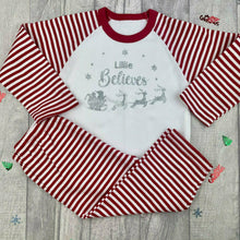 Load image into Gallery viewer, Personalised Children&#39;s Christmas Pyjamas, Santa &amp; Sleigh,&#39;*Name* Believes&#39; Red &amp; White Stripe, Boys &amp; Girls X-Mas PJ&#39;s
