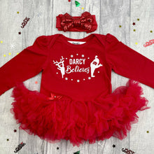 Load image into Gallery viewer, Baby Girls Personalised Christmas Outfit with Sequin Bow Headband, Reindeer &amp; Santa Believes, Long Sleeve Red Tutu Romper
