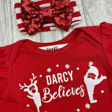 Load image into Gallery viewer, Baby Girls Personalised Christmas Outfit with Sequin Bow Headband, Reindeer &amp; Santa Believes, Long Sleeve Red Tutu Romper
