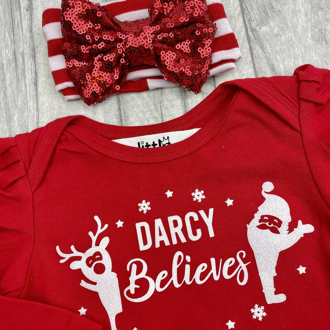 Baby Girls Personalised Christmas Outfit with Sequin Bow Headband, Reindeer & Santa Believes, Long Sleeve Red Tutu Romper