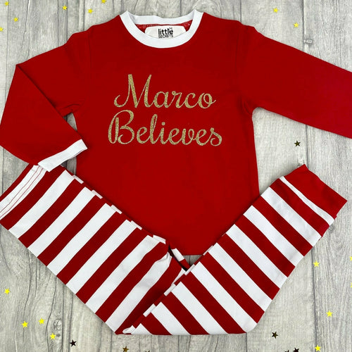 Personalised Girls & Boys 'Believes' Christmas Pyjamas, Red And White Or Red And Green Stripe