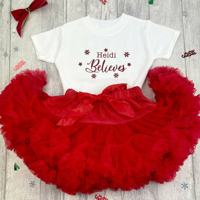 Girls Personalised Christmas Red Outfit, Believes T-Shirt & Boutique Tutu Skirt