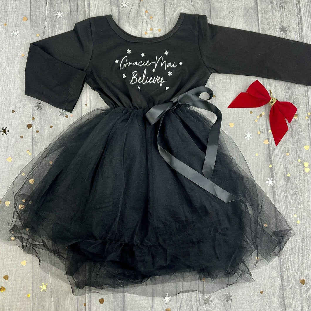 Girls Christmas Tutu Dress, Long Sleeve Black Personalised 'Believes' Christmas Outfit