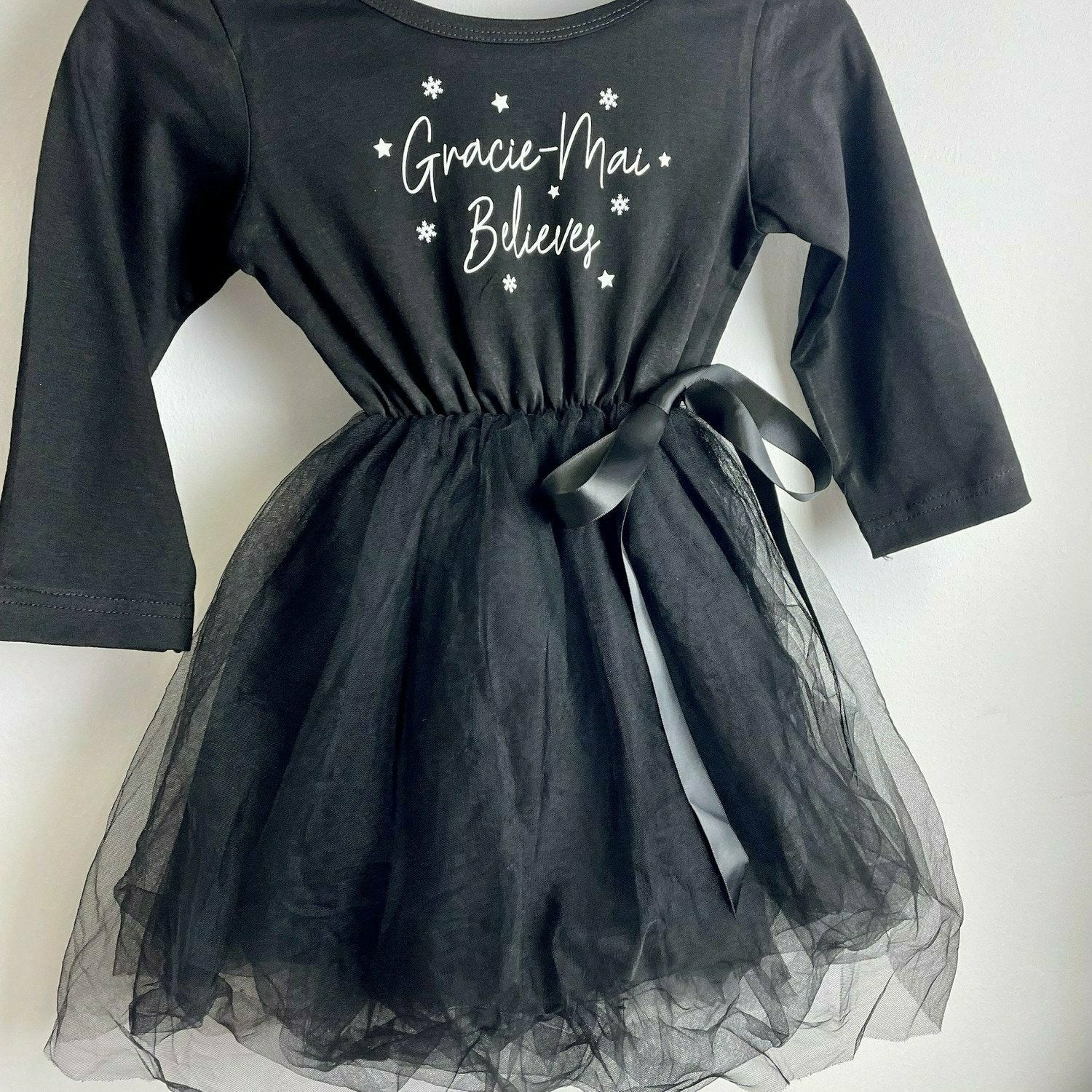 Girls Christmas Tutu Dress Long Sleeve Black Personalised Believes Christmas Outfit