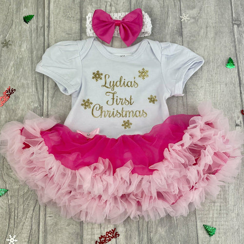 'First Christmas' Personalised Baby Girl Tutu Romper With Matching Bow Headband, Gold Snowflake Design