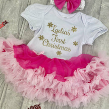 Load image into Gallery viewer, &#39;First Christmas&#39; Personalised Baby Girl Tutu Romper With Matching Bow Headband, Gold Snowflake Design
