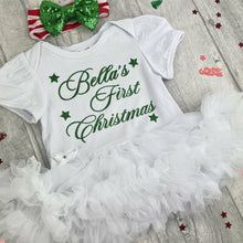 Load image into Gallery viewer, Baby Girl&#39;s Personalised First Christmas White Tutu Romper with Striped Green Sequin Bow Headband
