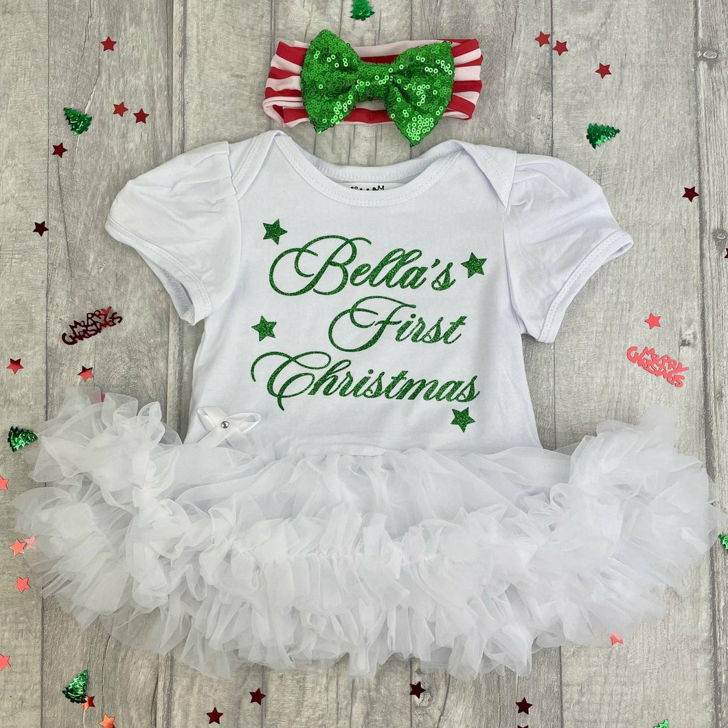 Baby Girl's Personalised First Christmas White Tutu Romper with Striped Green Sequin Bow Headband