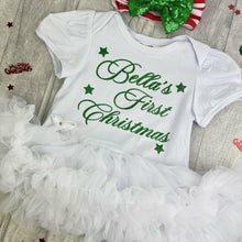 Load image into Gallery viewer, Baby Girl&#39;s Personalised First Christmas White Tutu Romper with Striped Green Sequin Bow Headband
