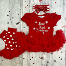 Load image into Gallery viewer, Baby Girls First Christmas Personalised Red Tutu Romper with Matching Legwarmers and Sequin Bow Headband
