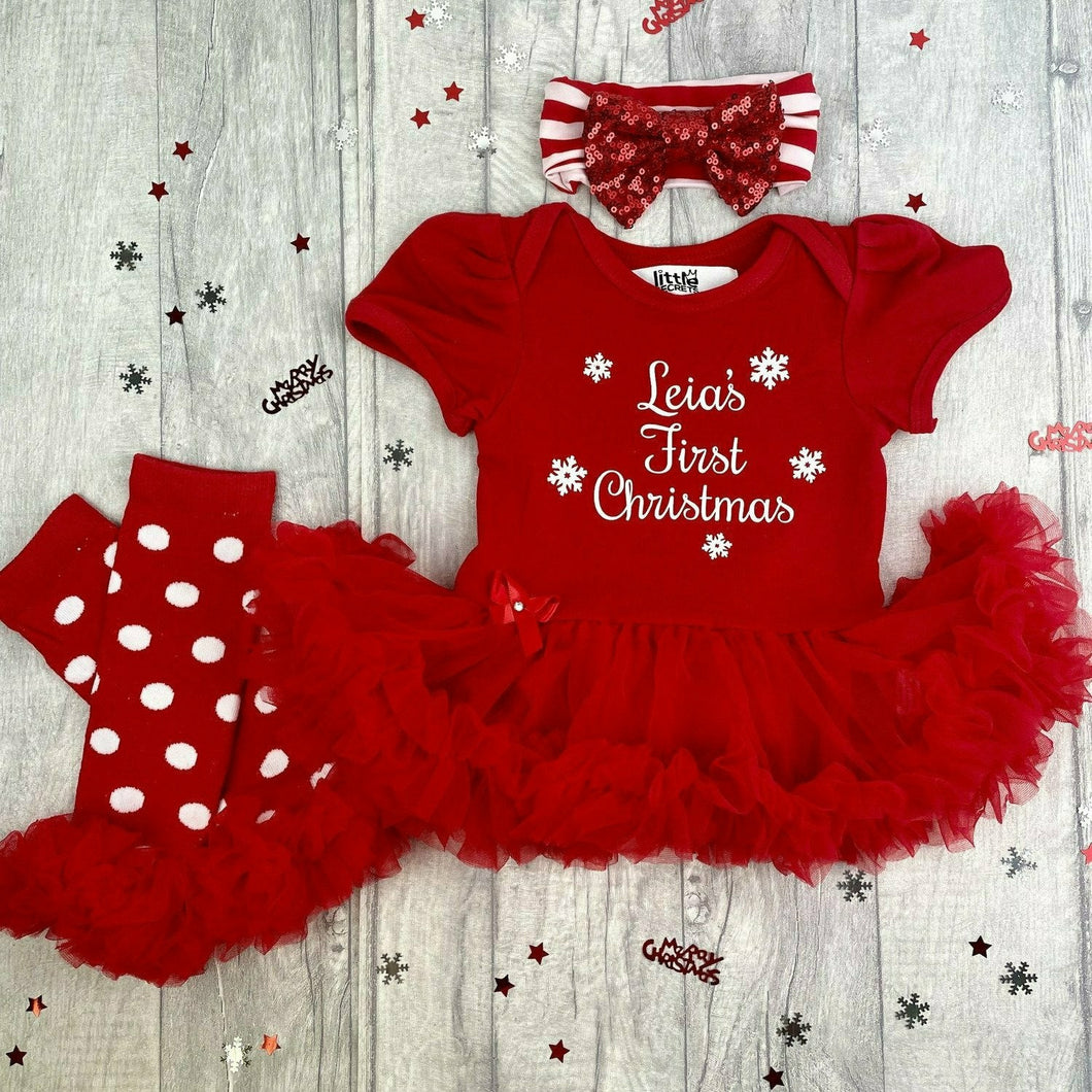 Baby Girls First Christmas Personalised Red Tutu Romper with Matching Legwarmers and Sequin Bow Headband